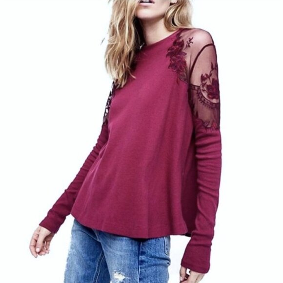 Free People Daniella Illusion Burgundy Top Rib Knit Sheer Lace Shoulder XS - Picture 1 of 16